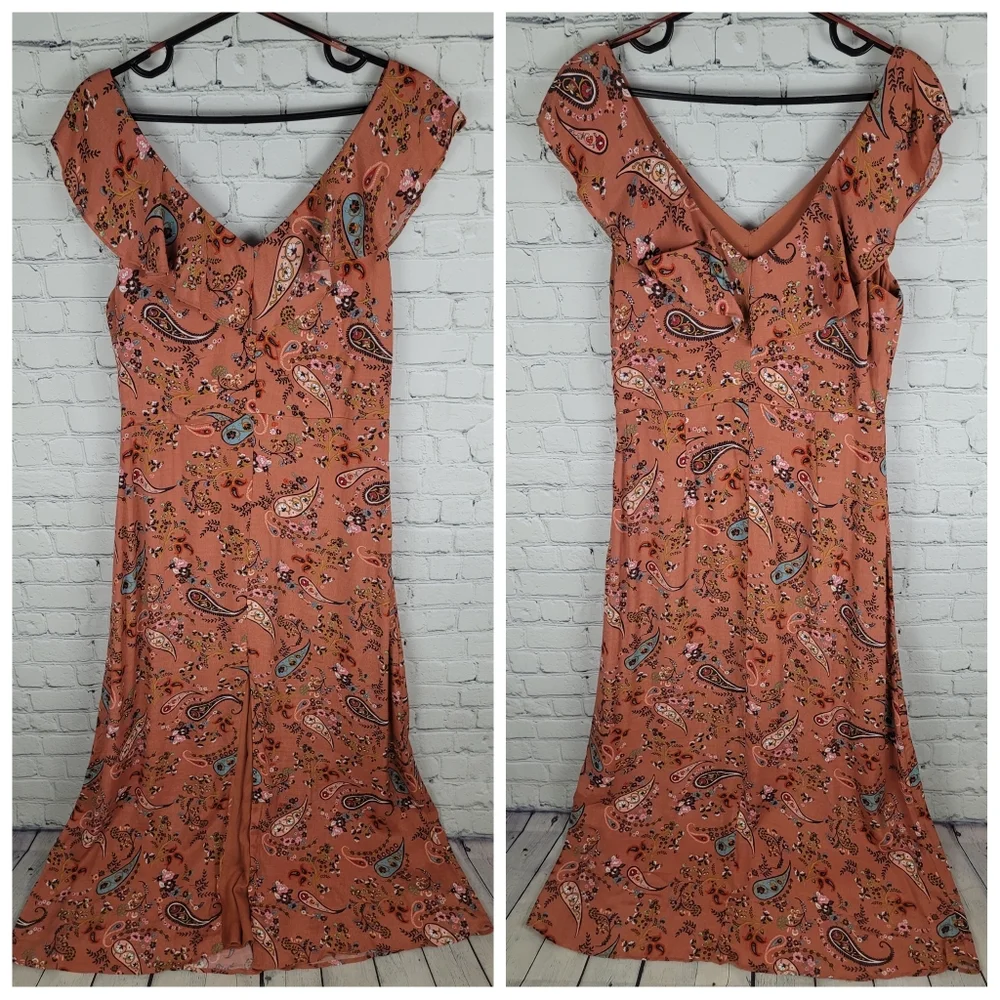 WILLOW & CLAY | floral flower ruffle front slit maxi dress - Picture 1 of 11